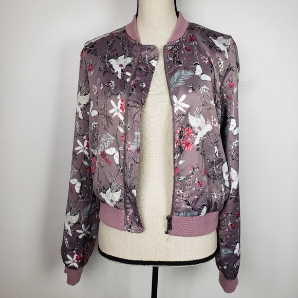 Aeropostale Purple Floral Satin Bomber Jacket M - Picture 14 of 16